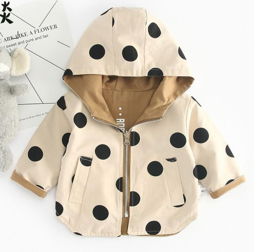 Baby Girls Jacket and Coat Spring Hooded Boys Windbreaker Jacket Polka Dot 2 Sides Wear Toddler Kids Jacket Outerwear Clothes