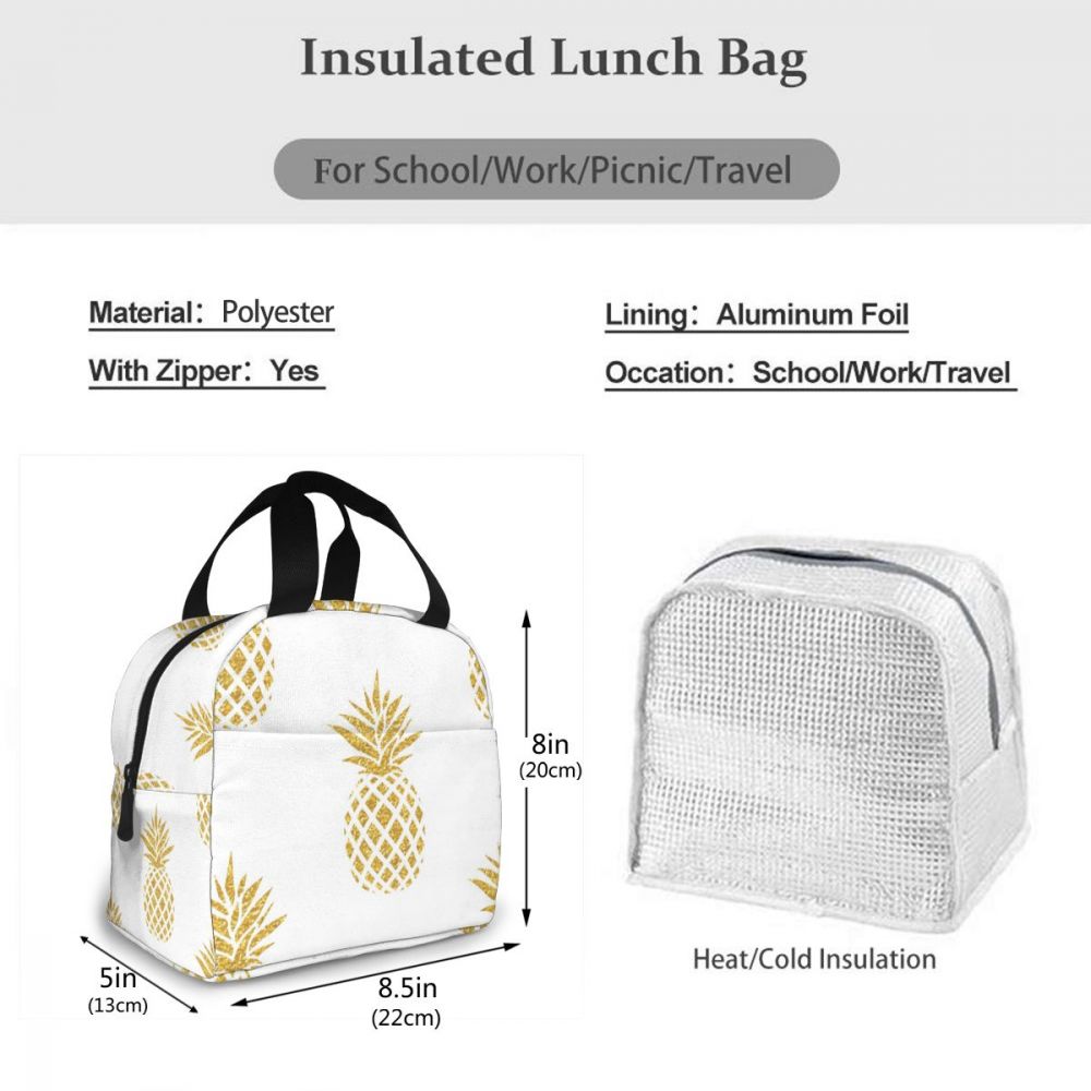 Gold Pineapple Pattern Lunch Bag Portable Insulated Thermal Cooler Bento Lunch Box Tote Picnic Storage Bag Pouch