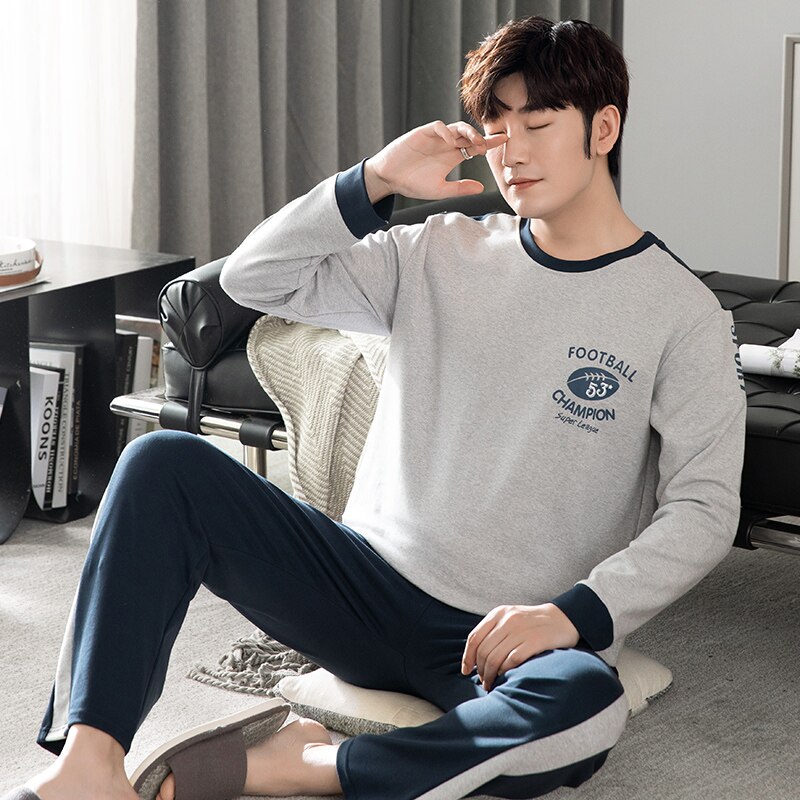 Autumn Winter Mens Full Pure Cotton Pajamas Letter Sleepwear Splicing Pajama Sets Casual Sleep&amp;Lounge Pyjamas Big Yards M-XXXL