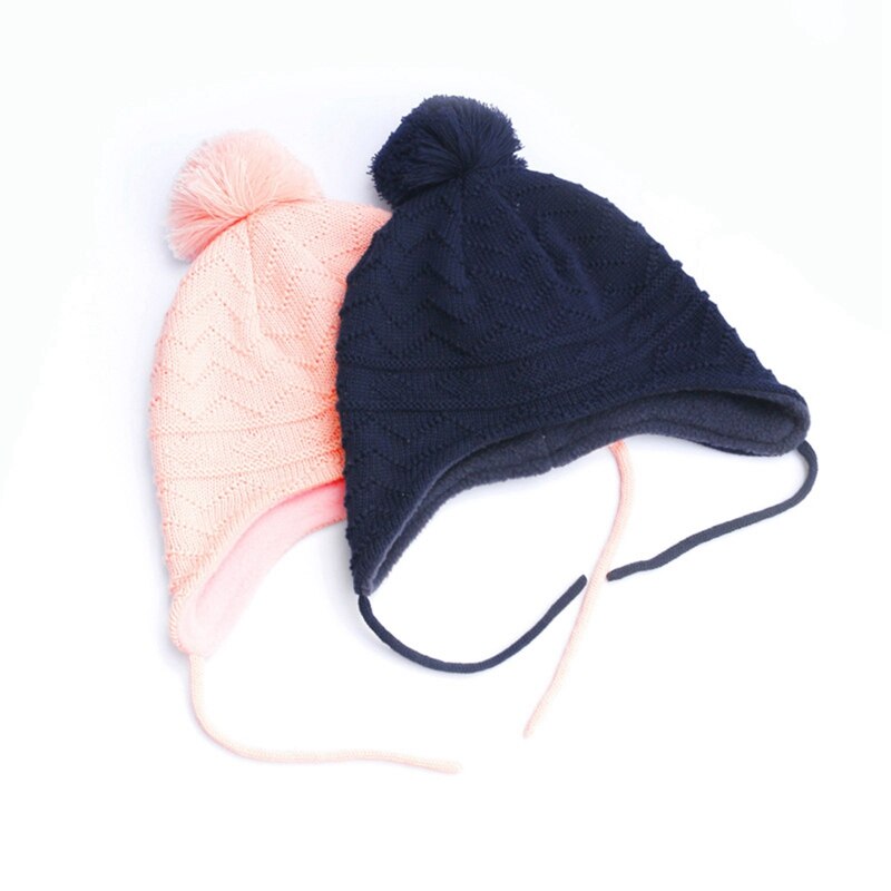 Winter Warm Kids Wol Hoed Gehoorbescherming Gebreide Muts Zachte Wollen Cap Effen Kleur Mode Baby Pompom Beanie Hoed Voor 0-5 Jaar