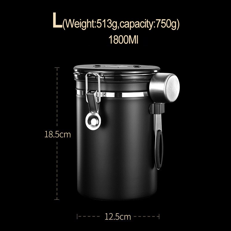 Recipiente de almacenamiento para granos de café, recipiente hermético de acero inoxidable sellado con válvula de CO2, mantiene los cereales frescos, tarro de té y caramelo: 1800ML-Black