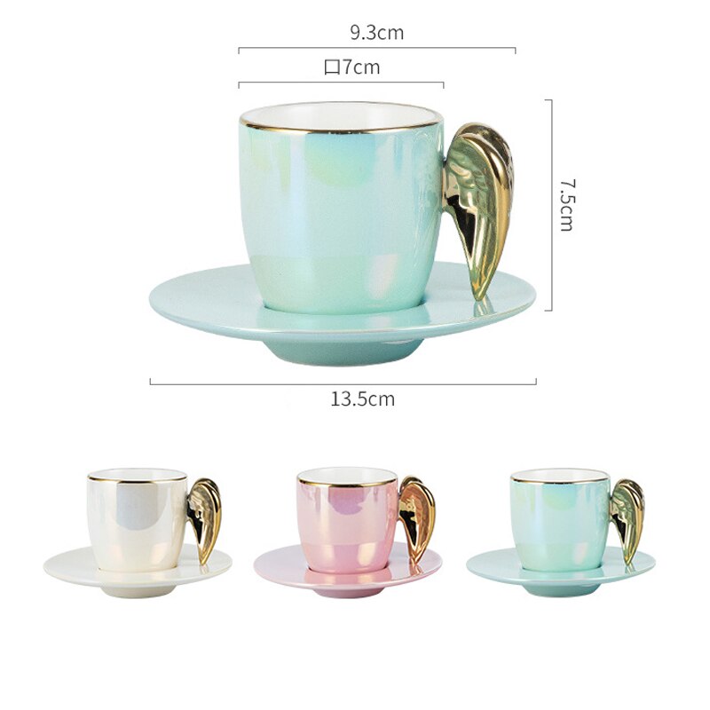Nordycki kreatywny złoty anioł skrzydło kubek z talerzykiem porcelanowa filiżanka robić herbaty kawy zestaw uroczy prezent urodzinowy biała perła różowy niebieski kubek spodek
