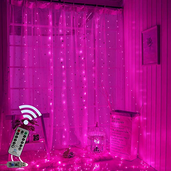 9.8 ft vindusgardin istapp lys med fjernkontroll og tidtaker , 300 ledet fe glitrende lys med 8 moduser passer til soverom weddi: Rosa