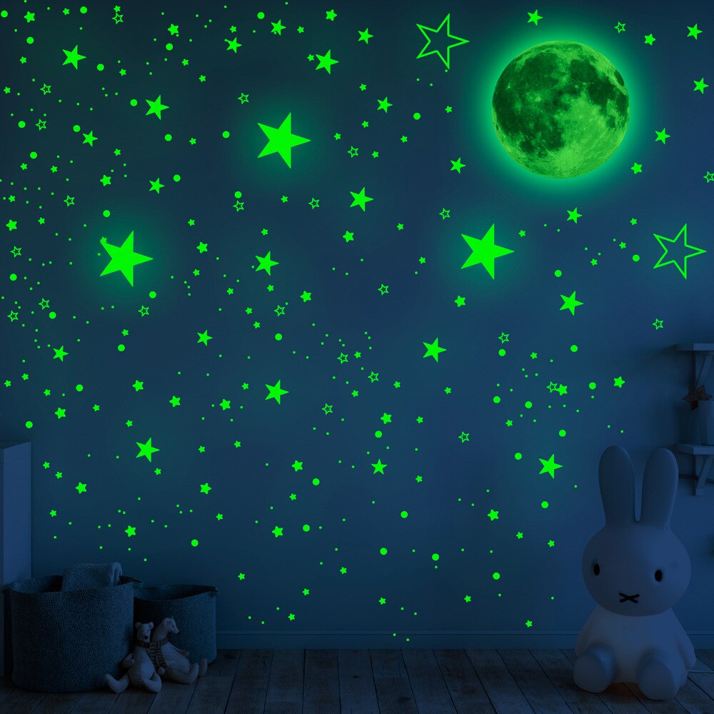 1049 Stuks Lichtgevende Moon &amp; Star Muurstickers Home Decor Diy Decals Kinderkamer Decoratie Fluorescent Glow In The Dark stickers: green