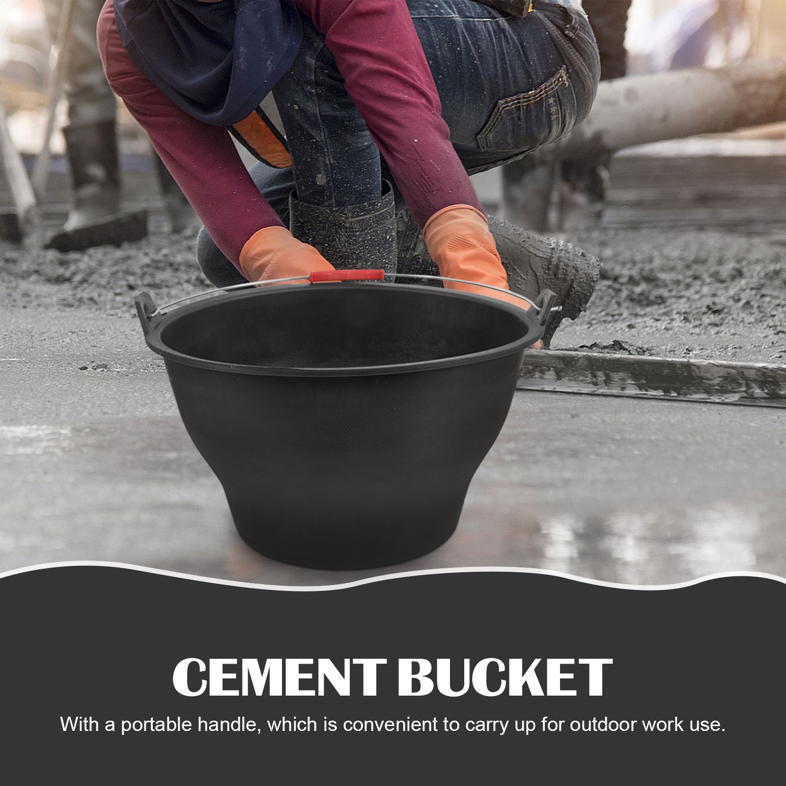 Bygggrå 30 x 17 x 17.5cm kraftig gummihink för cementblandning, förvaring, bärbar handtag, svart plasthink