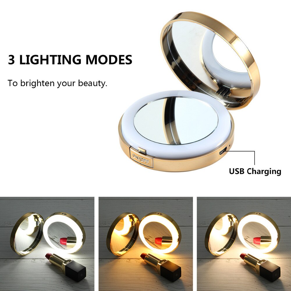 Light 4X Makeup Mirror with LED Pocket Mirror USB Mini Makeup Mirrors Magnifying Mirror Travel Cable-battery Vanity Mirror