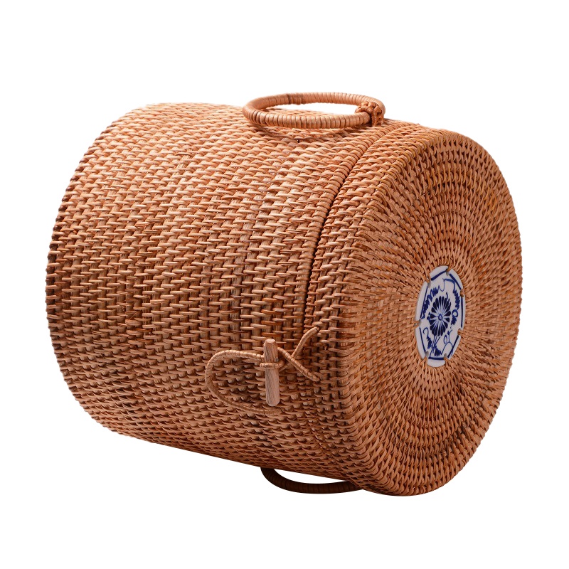 Rattan Woven Cylindrical Tea Cake Storage Box Canister Lid Container Tea Ceremony Tool