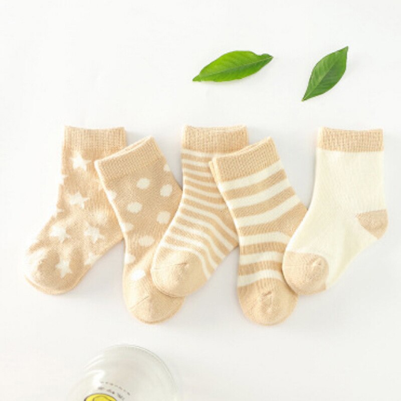5 Paren/pak Kinderen Katoenen Sokken Jongen, Meisje, Baby, baby Warm Houden Streep Stippen Mode Sport &#39;S Sokken Herfst/Winter: khaki