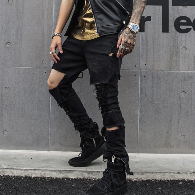 Herfst mannen black ripped jeans met gaten verontruste hip hop punk denim broek heren vintage casual rits skinny jogger jeans