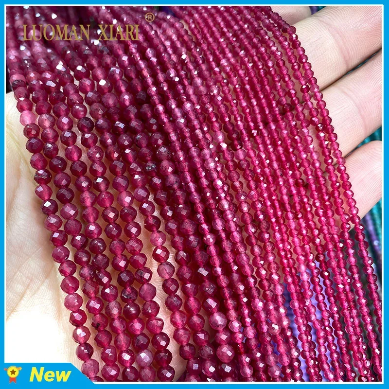 Cuentas de piedra Natural facetadas, Calcedonia roja rubí, cuentas espaciadoras sueltas redondas para fabricación de joyería, collar de pulsera DIY de 2MM, 3MM y 4MM