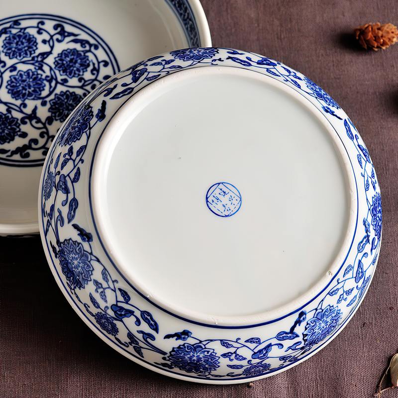 Chinese Flower Blue and White Porcelain Ceramic Plate Restaurant Household Multi-size Antique Salad Plate Deep Dish