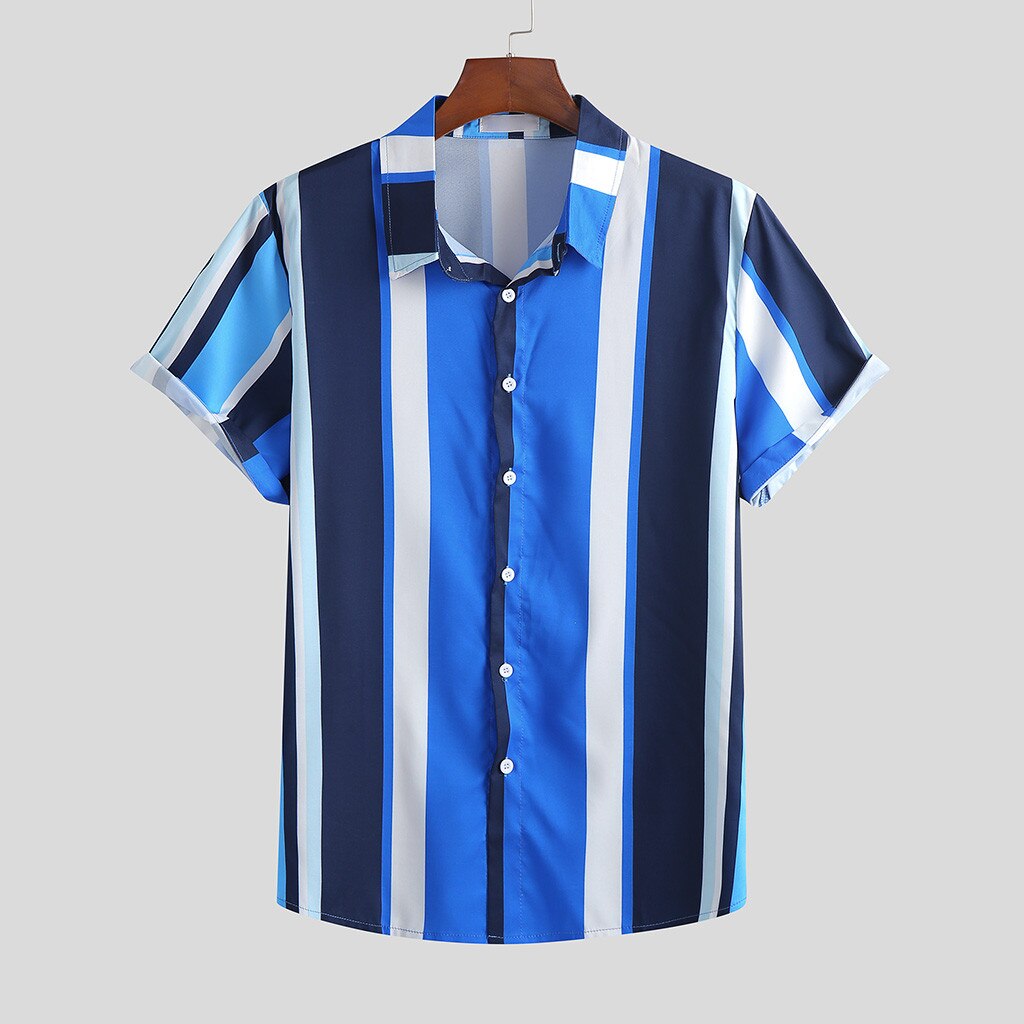 Blusa Hawaiana de manga corta con dibujo de solapa para hombre, camisa informal a la para verano,: Azul oscuro / XL