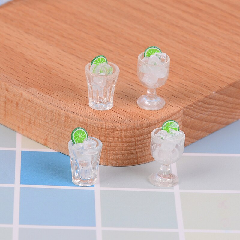 2Pcs Model Miniature Food Mini Glass Cup + Ice Cube Simulation Goblet Cup Model Toy Doll House Decor Kitchen Toy