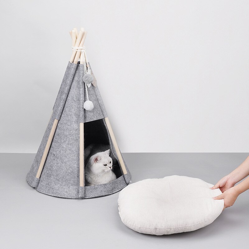 Pet Tent Bed, Pet Teepee Dog Cat Bed with Thick Pad, Dog Supplies Felt Pet Bed, Portable Foldable Durable Pet