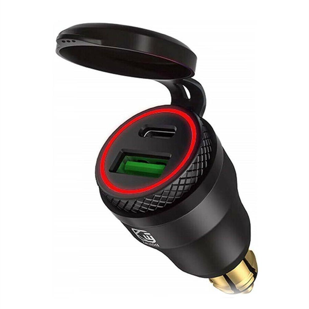 Carcasa metálica de aleación de aluminio para motocicleta, Cargador USB tipo C, voltímetro de 12-24v, para BMW, motocicleta, Hella, Din, rojo y azul: Black Red Light