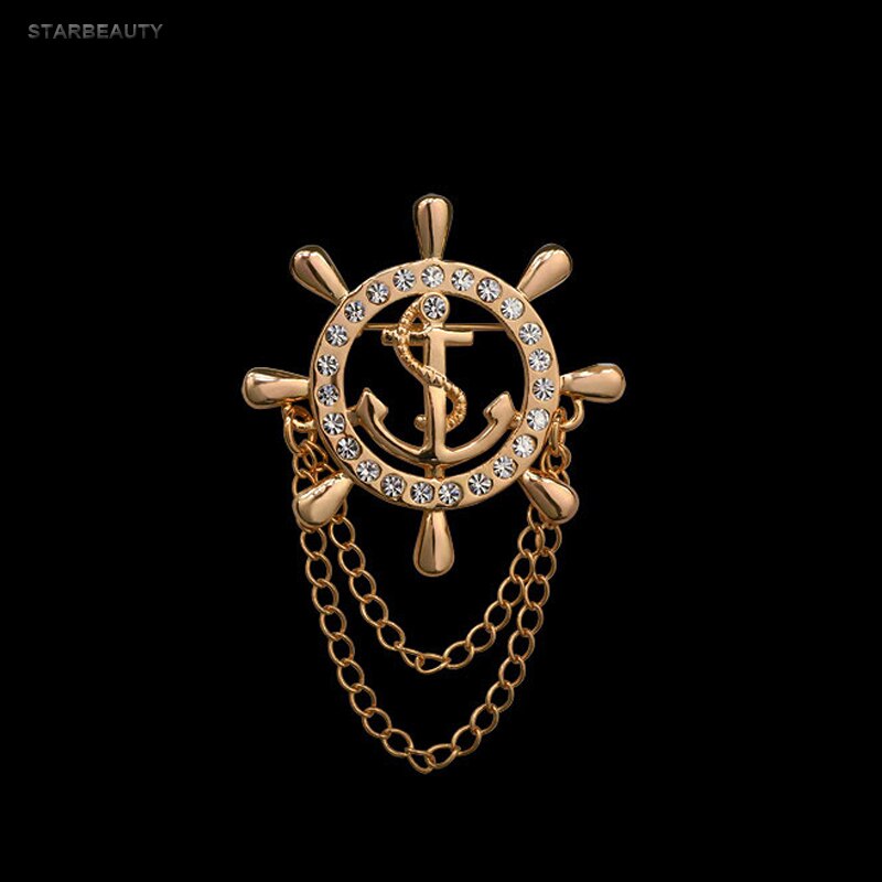 Golden Rudder Anchor Brooch Mens Suit Boutonniere Badge Korean Brooches for Men Lapel Pin Women Broches Chain Christmas: Gold-color