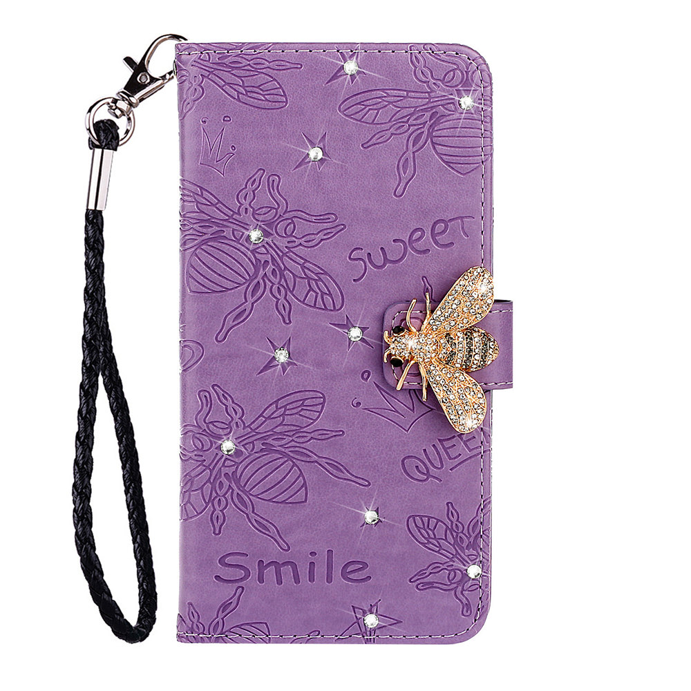 Bee Rhinestone Diamond Book Case Cover for Xiaomi Redmi 7 7A Note 7 8 Pro Luxury Flip Glitter Shell With Hand Rope: Redmi Note 8 Pro / Purple