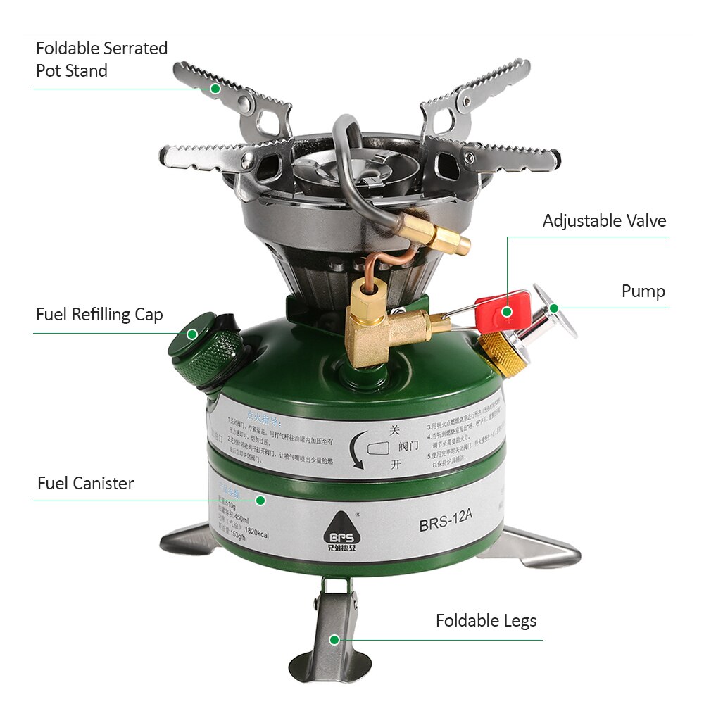 Portable One-piece Outdoor Gasoline Stove Camping Hiking Burner with 750ml Empty Gas Tank Fuel Bottle and 8-Plate Windshield