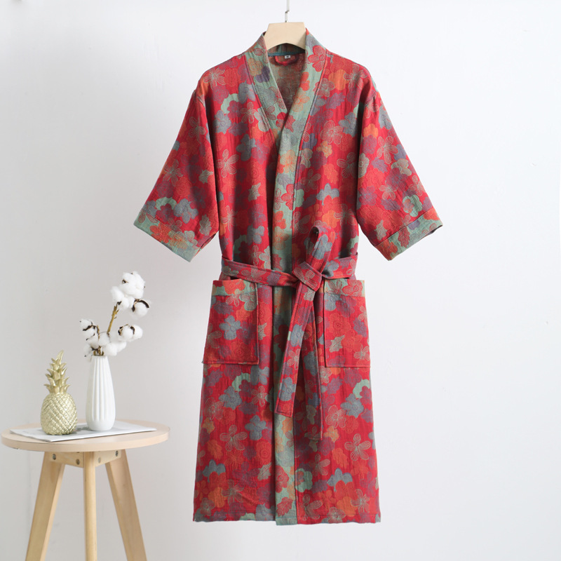 Albornoz de gasa de doble capa de algodón puro para primavera/verano, tela fina teñida, ropa de hogar para parejas, bata tipo kimono de estilo japonés, pijama: XL / Azul cielo