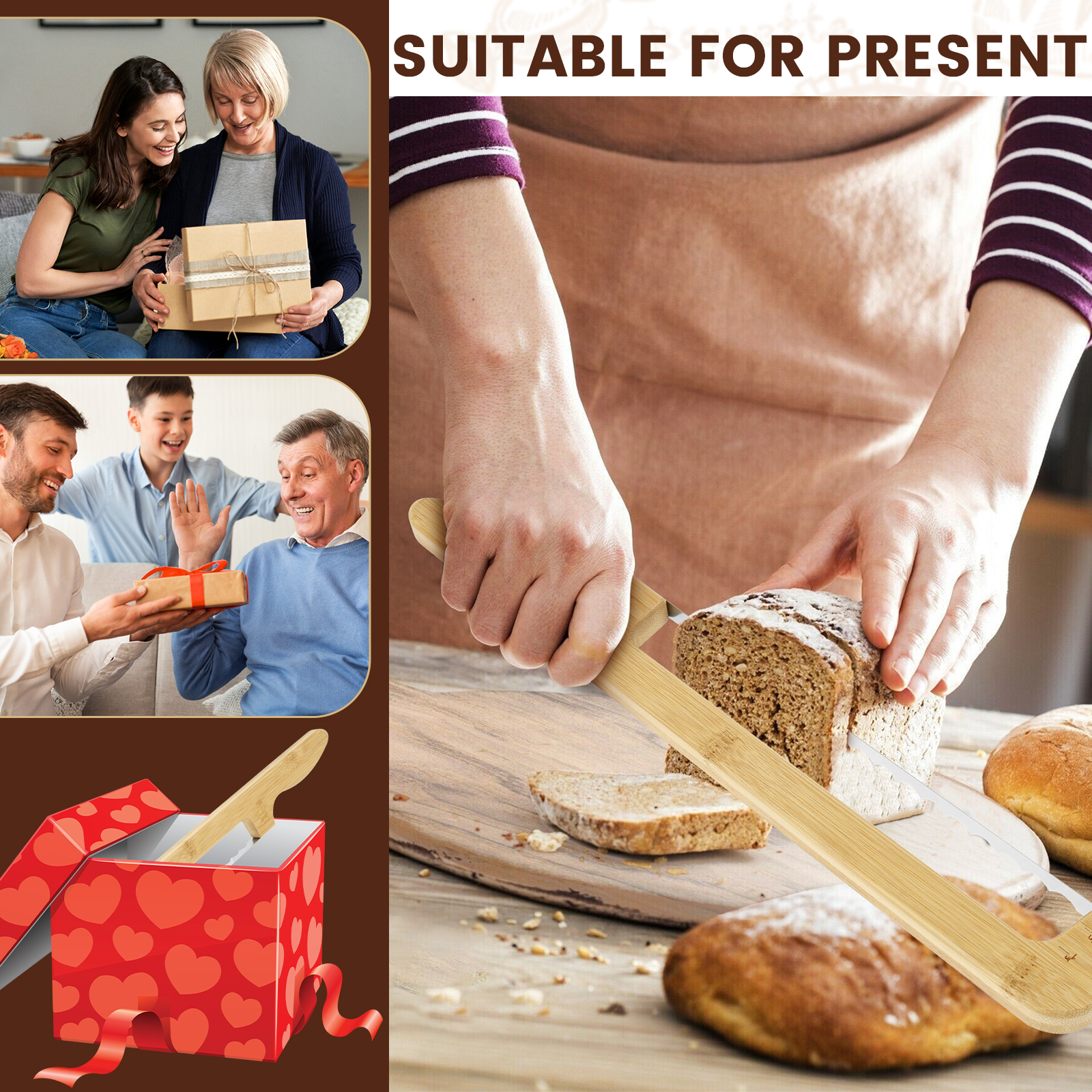 Wood Sourdough Bread Knife Slicer with Blade Protector and Storage Bag Serrated Bow Bread Knife with Handle for Even Slicing