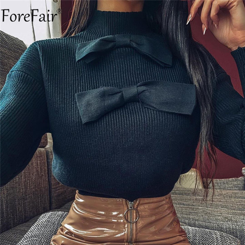 Forefair Vrouwen Boog Coltrui Casual Zwart Herfst Winter Gebreide Dames Trui Warm Solid Trui