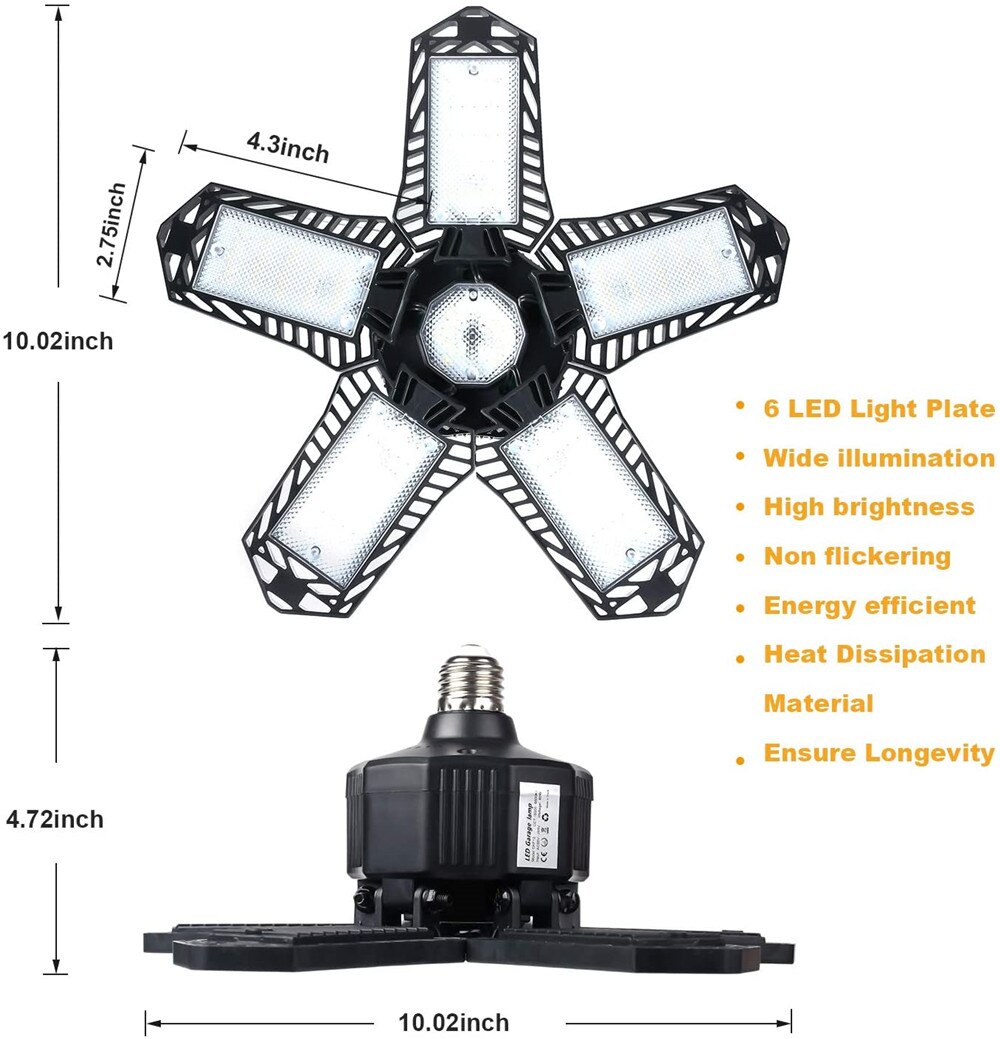 10000LM Led Garage Licht E26/E27 Vervormbare Plafondlamp Magazijn Verlichting Lamp Met 5 Verstelbare Panelen Voor Home Workshop