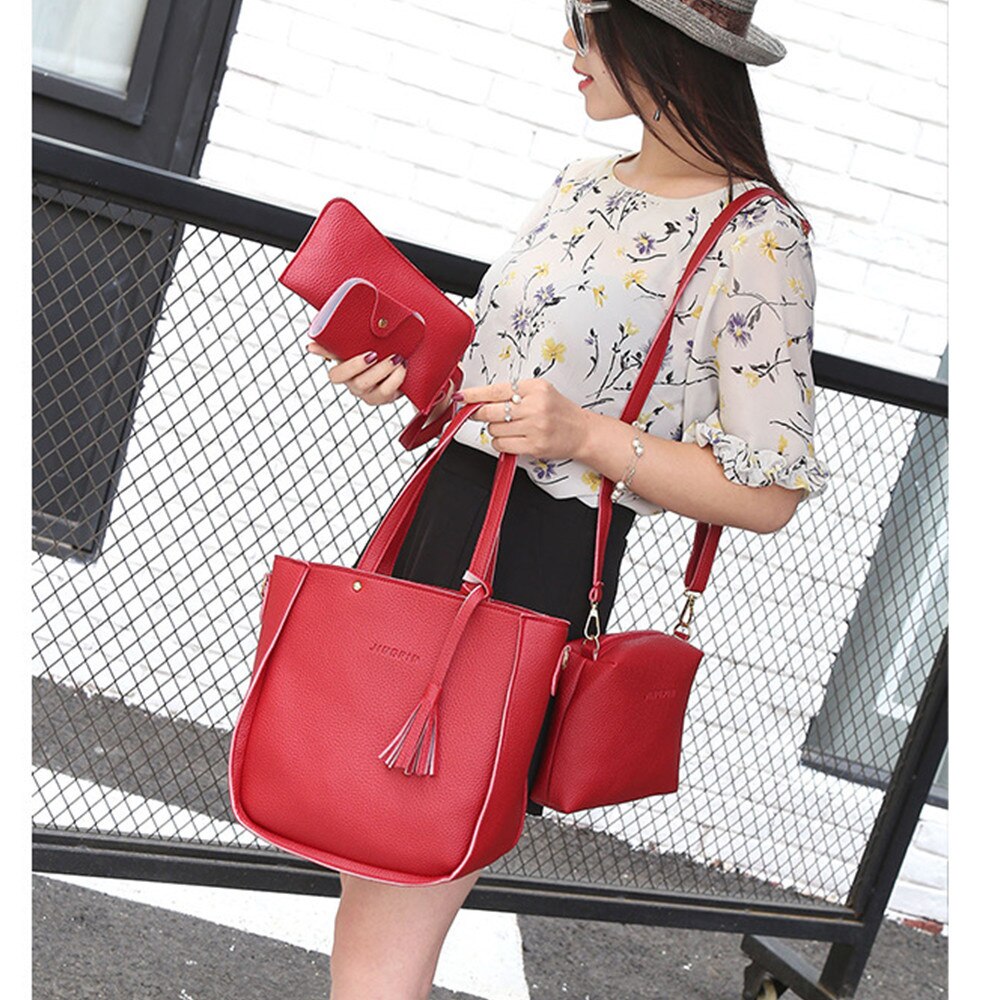 Femmes quatre ensemble sac à main sacs à bandoulière bandoulière portefeuille sacs vague litchi cuir Plaid sac de messager