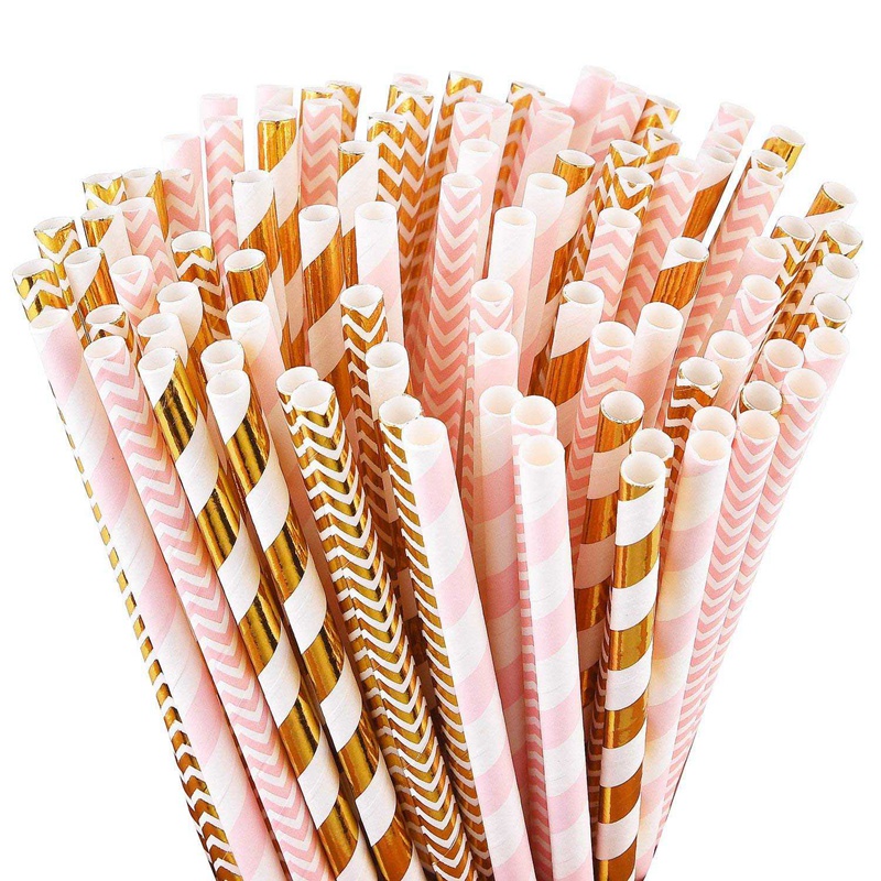 Biologisch afbreekbare papieren rietjes , 100 roze voor feestbenodigdheden, verjaardagen, bruiloften, bruids-/babyshowerdecoraties en vieringen