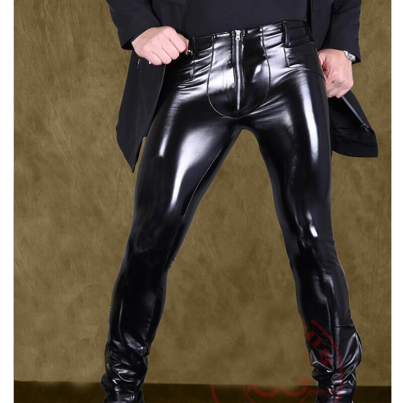 Män & #39 ;s punkstil scenprestanda leggings i konstläder coola ljusa latex ammoniak stretch snäva pennbyxor motorcykelbyxor
