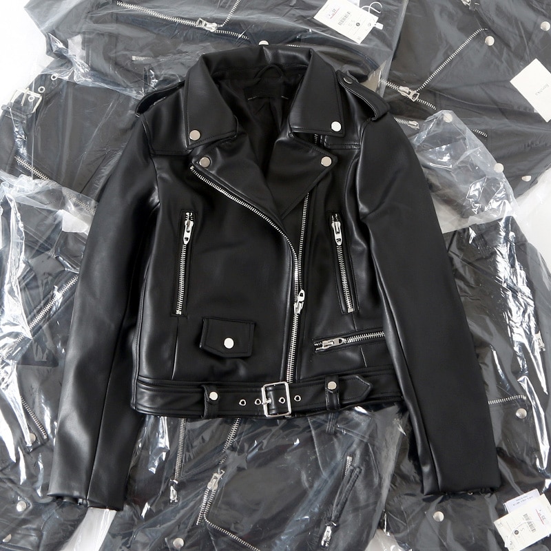 Wiosna skóra ekologiczna na jesień kurtka kobiety zamek błyskawiczny pasek krótkie miękkie kurtki ze sztucznej skóry rowerzysta czarny punk Faux kurtka motocyklowa plus rozmiar