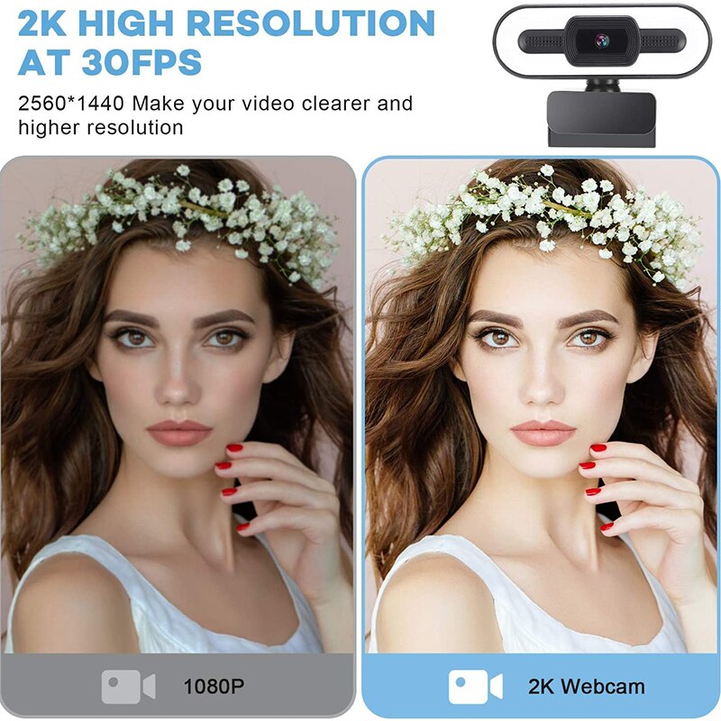 2K HD Webcam mit Mikrofon USB Webcam mit Ring Licht LED Computer Kamera für Zoomen Video Konferenzen PC Mac Laptop Schreibtisch