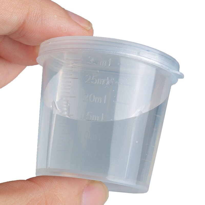 Lote de 10 unidades de botellas de laboratorio graduadas de plástico, prueba de laboratorio, medición de 30ml, recipientes, tazas con tapa, tazas de plástico para medir líquidos