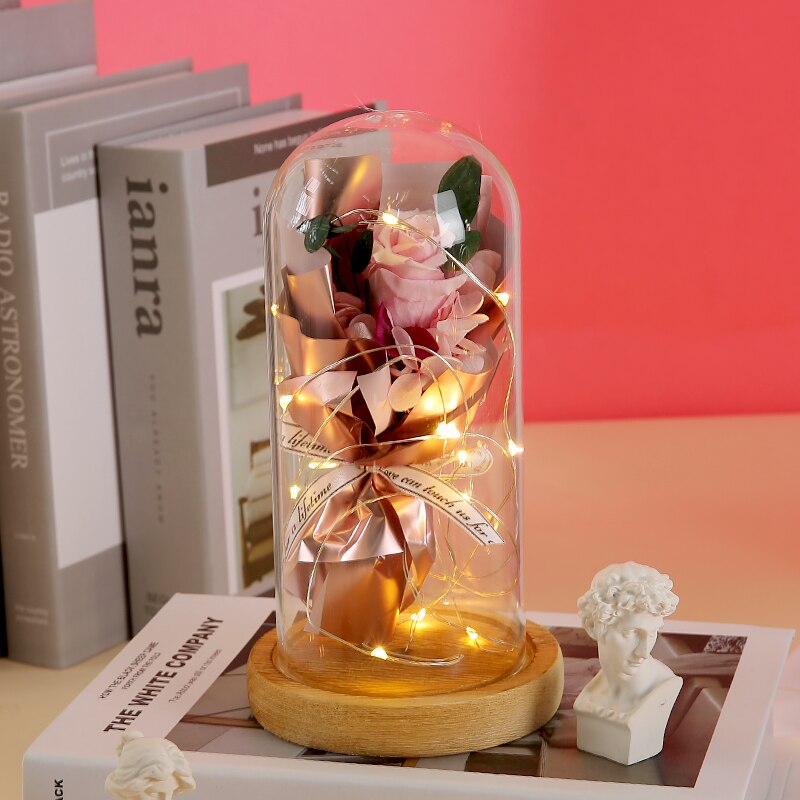 Rose space kunstige blomster tørrede blomster rød rose i glasæske boligindretning fest valentinsdag jul bryllup pige: Romantisk lyserød