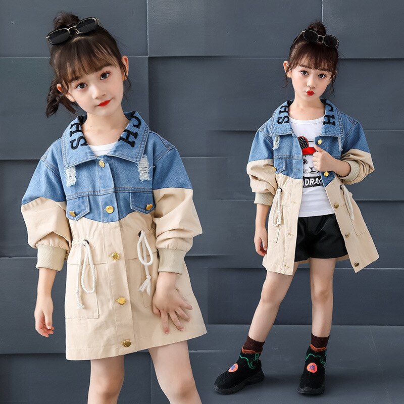 Abbigliamento per bambini giacca di jeans con cuciture per ragazze 2020 primavera e autunno nuova giacca da bavero Trench con lettere fresche piccole 4-12Y