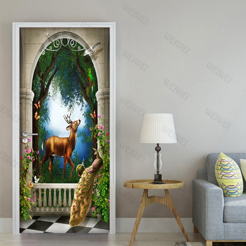Peacock Deer 3D Door Sticker Mural Living Room Children Room Bedroom Door Decoration Photo Wallpaper Pvc Waterproof Wall Decals