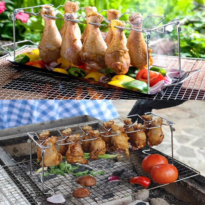 Folded Stainless Steel Grilled Chicken Leg Rack With Bottom Trays Grilled Chicken Rack BBQ Grill Tray 14 Cards