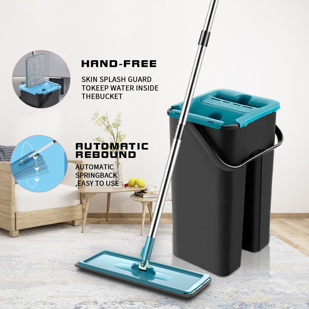 Trapeador plano con cubo Rotación de 360 ​​grados No lavar a mano Fregona para limpieza de suelos 6 alfombrillas de microfibra Uso húmedo y seco Utensilios de cocina para el hogar
