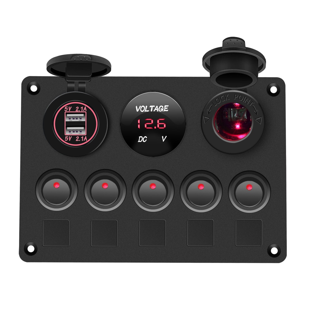 Boat Switch Panel Car Switch Panel Waterproof Digital Dual USB Voltmeter Port 12V Outlet Combination Marine LED Rocker 5 Gang