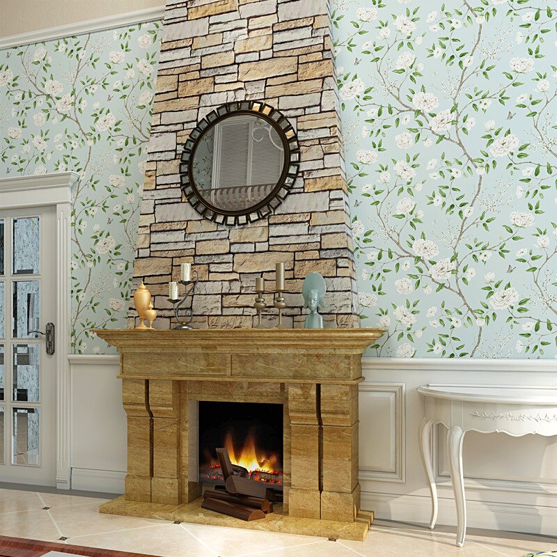 American Country Pastoral Wallpaper Green Color Hipster Artistic Light Blue Bedroom Background of Television in the Drawing Room