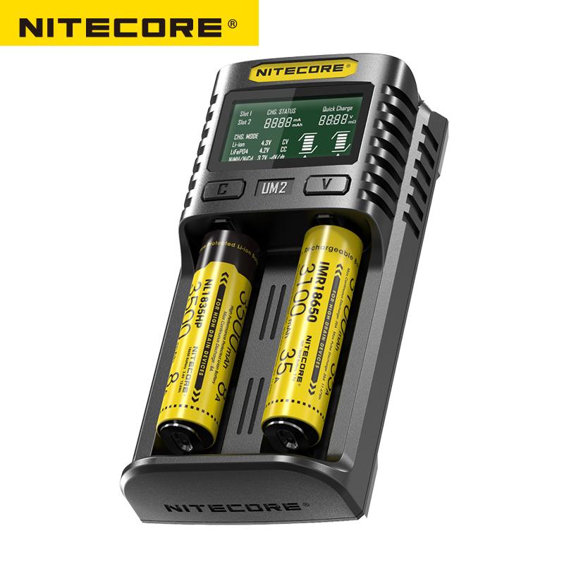 Nitecore UM2-cargador USB de doble ranura QC, circuito inteligente, seguro Global, cargador li-ion AA 16340 18650 20700 21700 26650