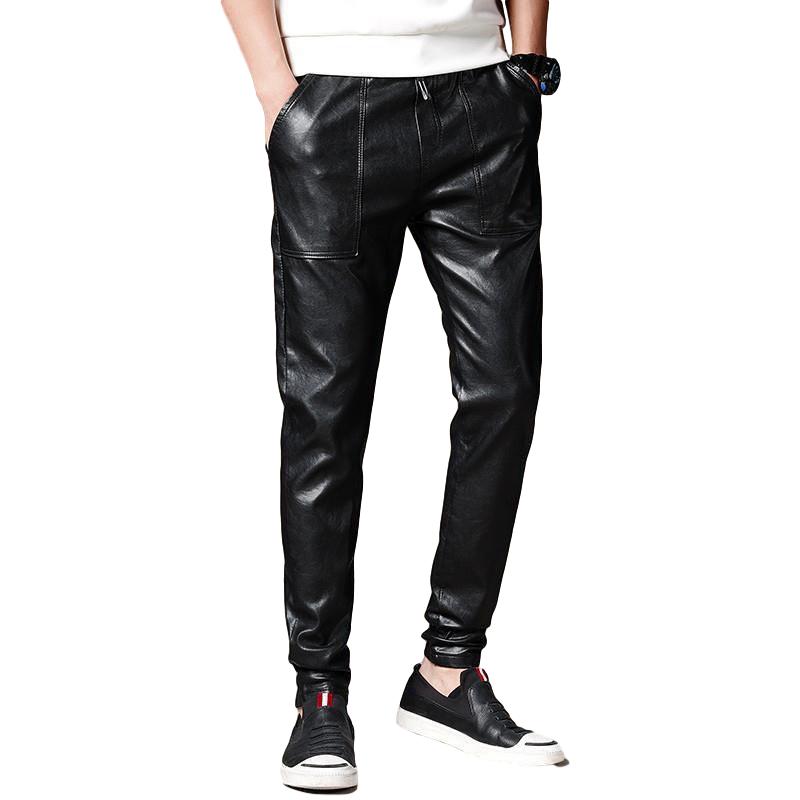 Idopy-pantalones bombachos de piel sintética para hombre, pantalón informal, coreano, de PU, cómodo, con cintura elástica, de cuero negro
