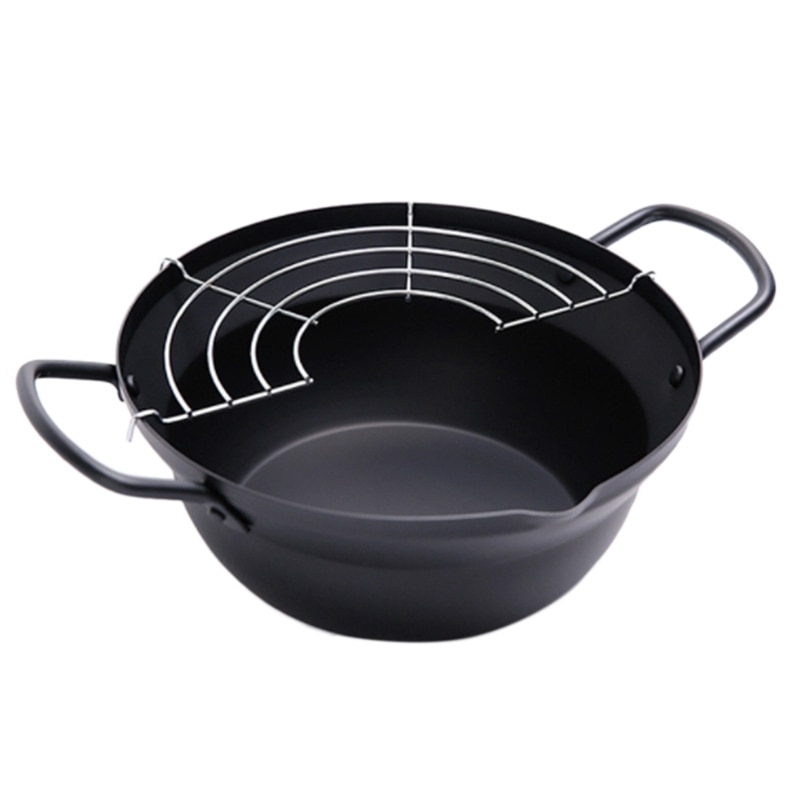 Easy Pour Non Stick Coating Tempura Fryer Pot with Oil Drip Drainer Rack Made in Japan Mini Deep Fry Pan: 24cm