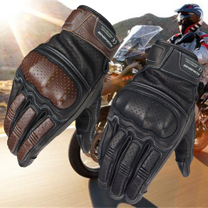 Komine 3D Mesh Handschoenen Vintage Leer Motorfiets Touch Screen Handschoenen Volledige Vinger Ademende Outdoor Motor Handschoenen Motocross