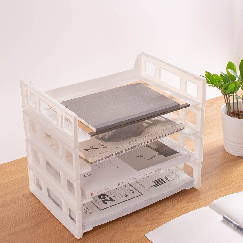 2-Layer Stacked Assemble File Holders Letter Magazine Book Stationery Desktop Storage Shelf for School Company Office Supplies