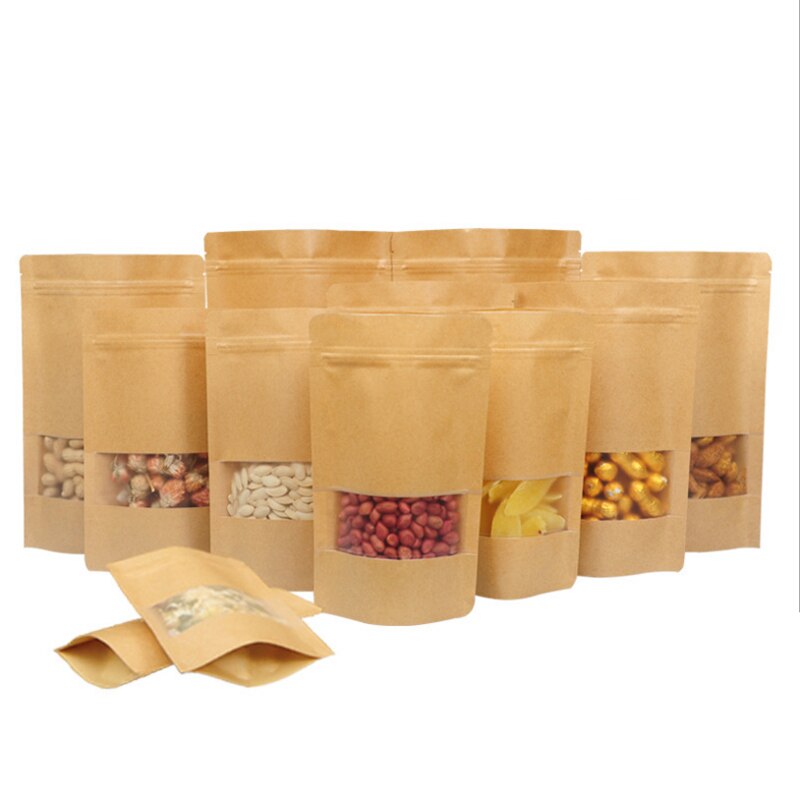 10Pcs/lot Kraft Paper Zipper Bag with Window Resealable Zip Lock Heat Seal for Food Fruit Tea Packaging Stand up Bags