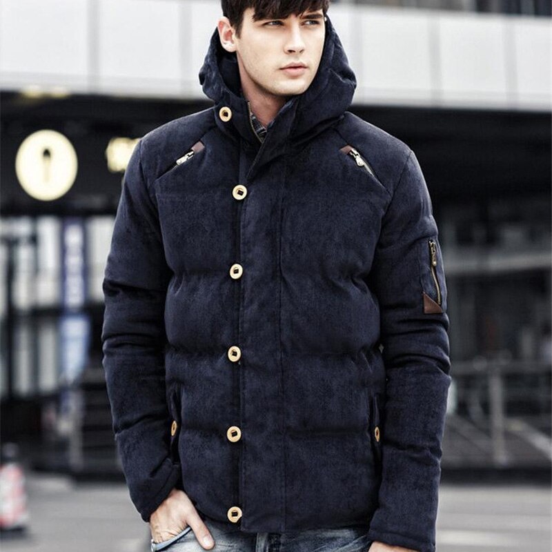 Winterjas Mannen Comfortabele Corduroy Engeland Stijl Jas Hooded Effen Kleur Gewatteerde Jassen Man Streetwear Parka Kleding: Marineblauw / XL