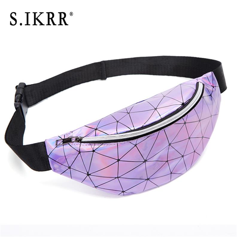 Disigner rhomboid holografisk fanny pack kvinnor midjeväskor cool personlighet geometrisk stöldskydd pu läder kudde 30 20: Lila