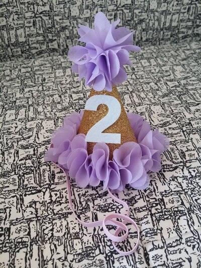 Meisje Bloem Tuin Shabby Chic Verjaardag Hoed Roze Lavendel Gouden Bloem Party Hoed Hoofdband 1st 2nd 3rd Pasgeboren Glitter party Cap: Lavender 2 one piece