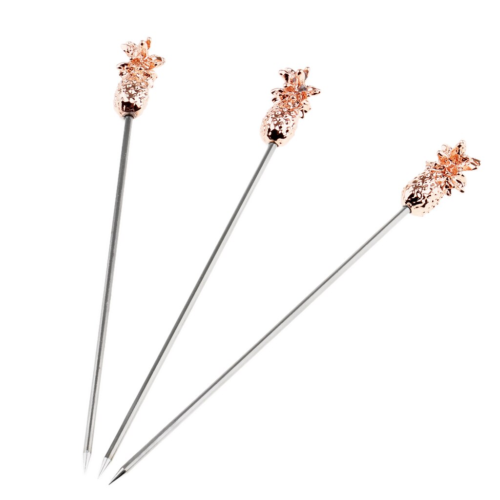 3PCS Stainless Steel Swizzle Sticks Fruit Pineapple Stick Cocktail Pick for Kitchen Bar Accessory Rose Gold