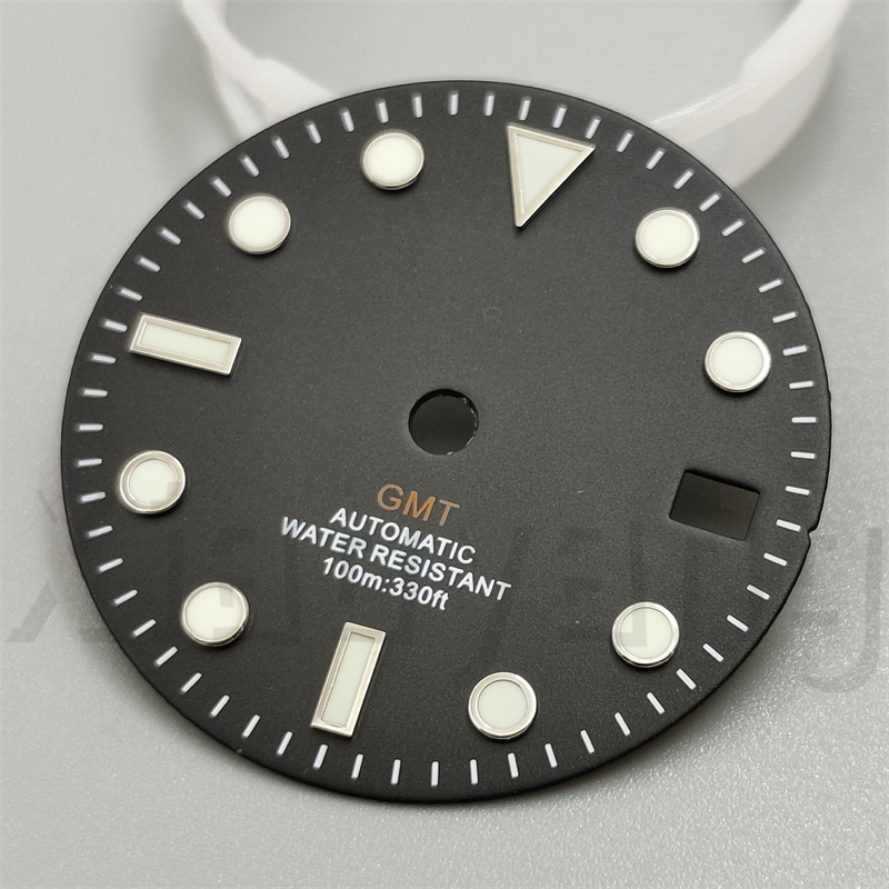 29mm Glossy Watch Dial Black White blue Dial Green Blue Red Orange GMT Text Black Gold Rose Edge Fit NH34 Movement C3 Luminous: P12/613